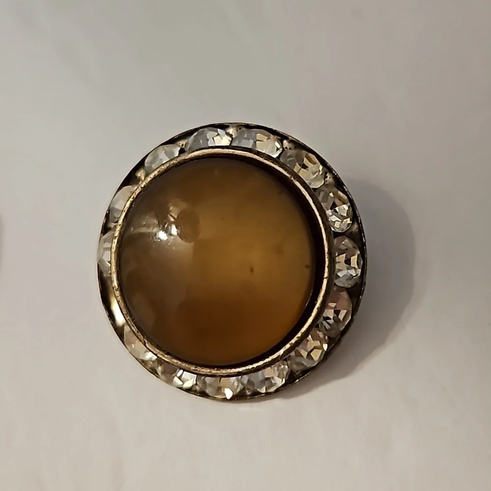 Vintage 2 Prs. Brown, Red & Rhinestones Button Silvertone Clip-on Earrings